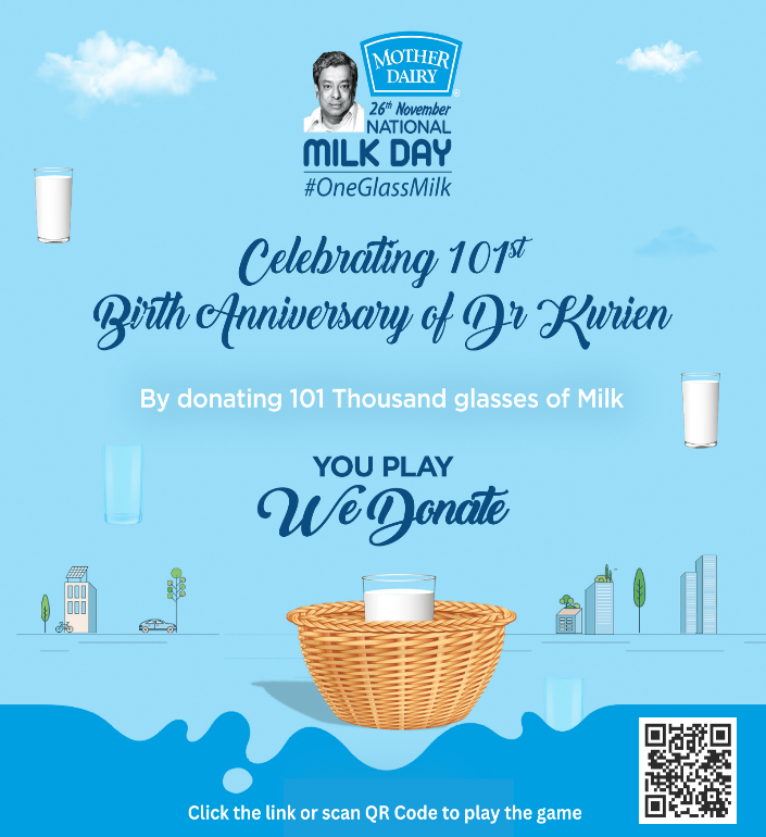 Mother Dairy pledges 101,000 glasses of milk to celebrate the 101st birth anniversary of Dr. Verghese Kurien